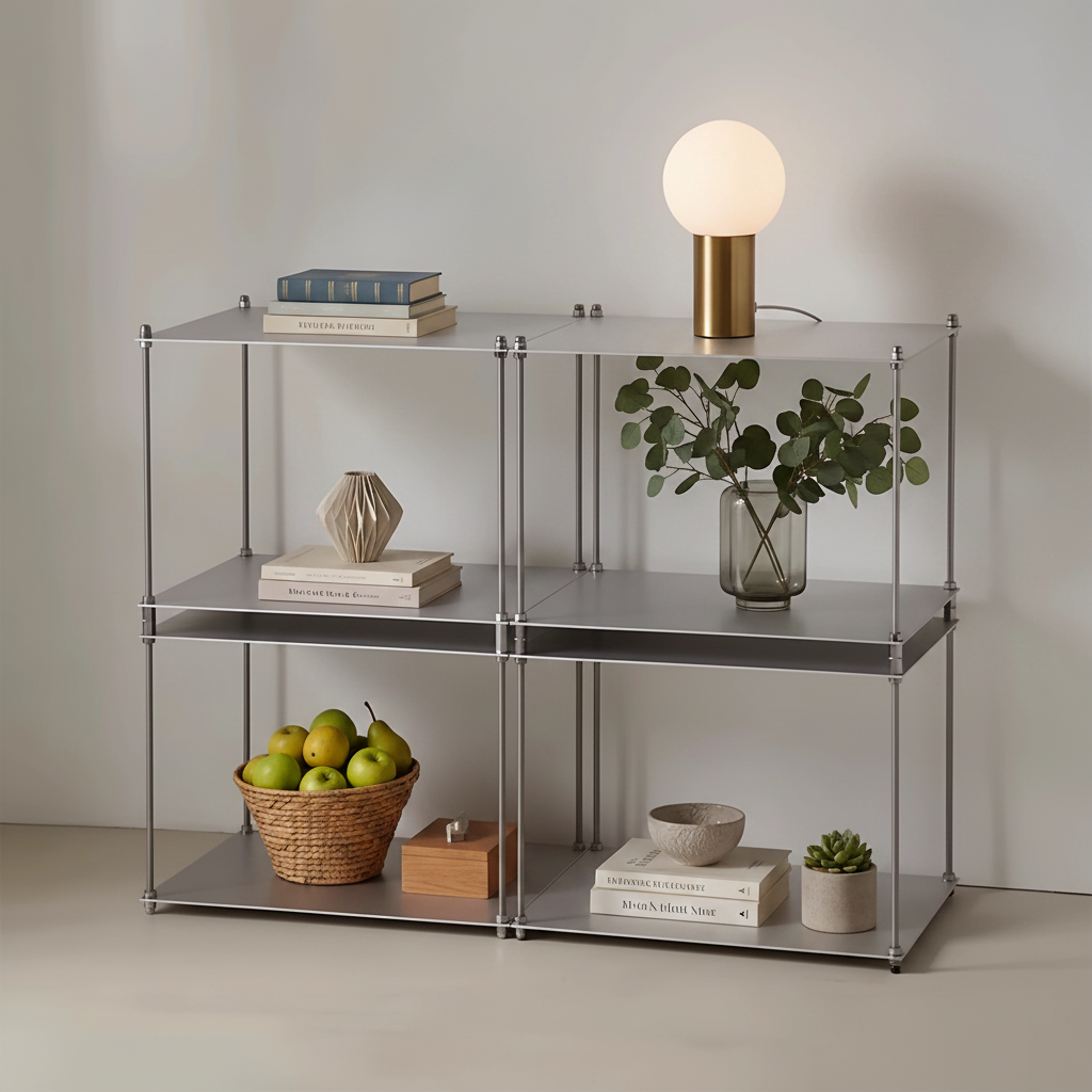 A modern modular metal shelving unit with six square glass shelves and slim vertical support rods, styled with books, decorative boxes, and fruit against a neutral beige wall.